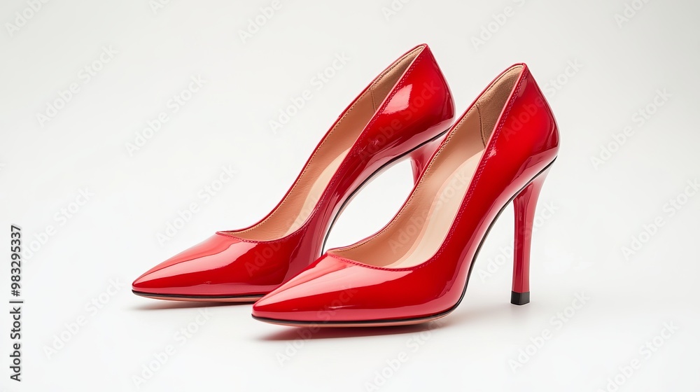A pair of red women's high-heeled shoes displayed against a white background. The striking red color stands out, emphasizing the shoes' elegant and bold design.
A pair of red women's high-heeled shoes displayed against a white background. The striking red color stands out, emphasizing the shoes' elegant and bold design.