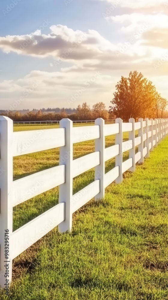 Vibrant autumn colors fill the landscape as trees stand behind a white wooden fence, enclosing a tranquil pasture for horses to roam freely, creating a picturesque setting Vibrant autumn colors fill the landscape as trees stand behind a white wooden fence, enclosing a tranquil pasture for horses to roam freely, creating a picturesque setting
