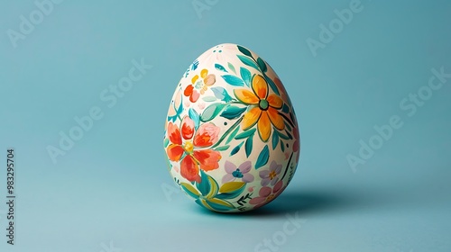 A single Easter egg with floral hand-painted designs on a sky blue background