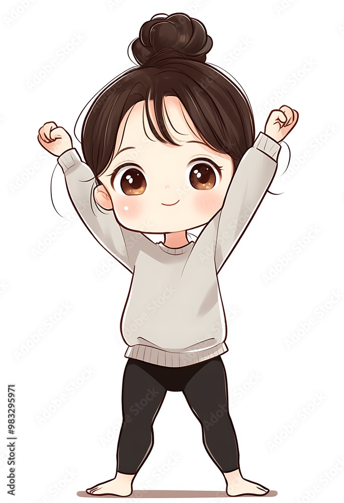 Cute cartoon chibi girl character with big eyes and bun hairstyle standing with arms raised Cute cartoon chibi girl character with big eyes and bun hairstyle standing with arms raised