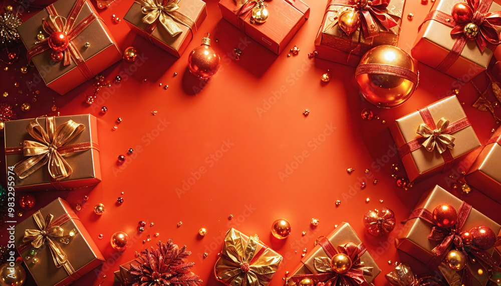 Merry Christmas red template with copy space area, festive background, Christmas gifts concept