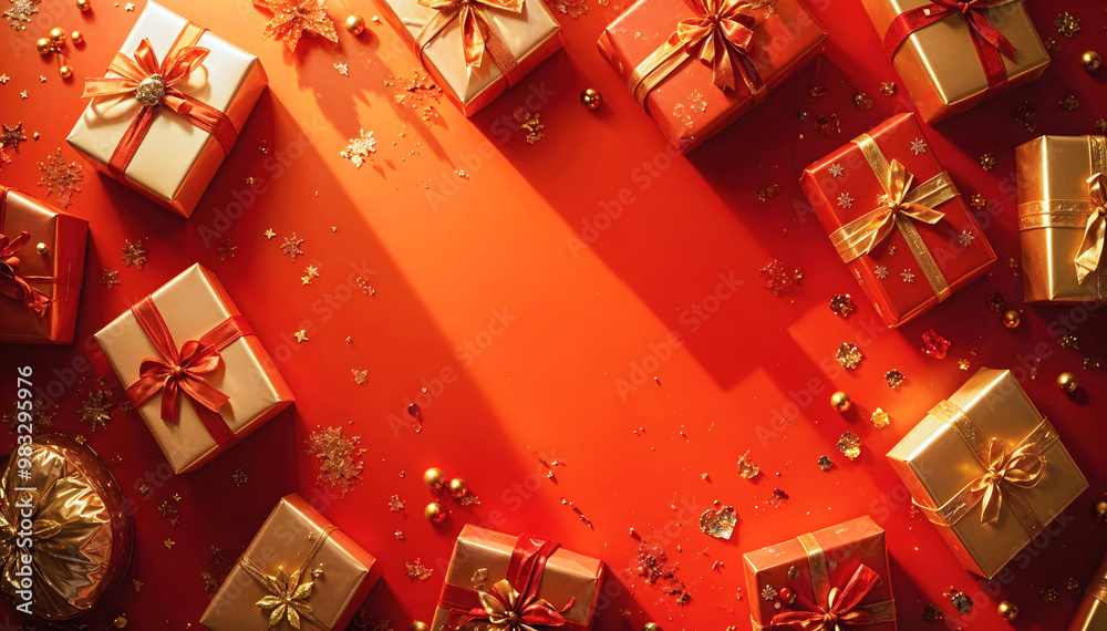Merry Christmas red template with copy space area, festive background, Christmas gifts concept