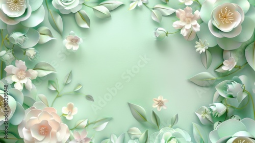 Floral frame background of Plain light blue paper structure background with blank copy space in the middle, on top of the background are smller and bigger daisy blossoms scatterd arround photo