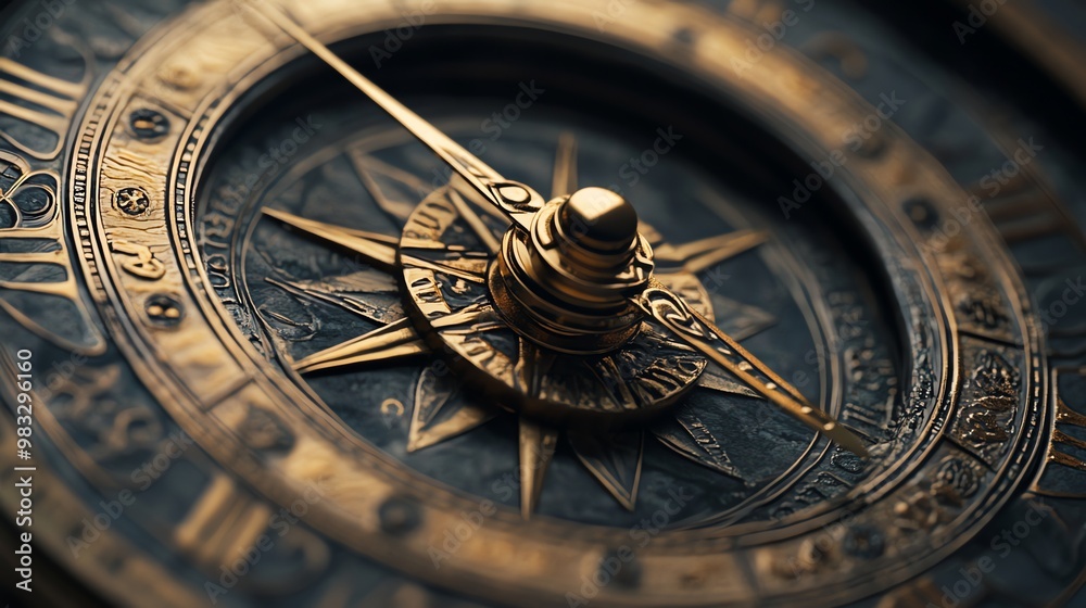 Close-up detail of an antique compass with ornate brass accents. Close-up detail of an antique compass with ornate brass accents.