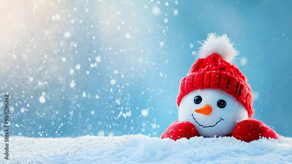 Cute Snowman with Red Hat and Mittens on Snowy Background Cute Snowman with Red Hat and Mittens on Snowy Background