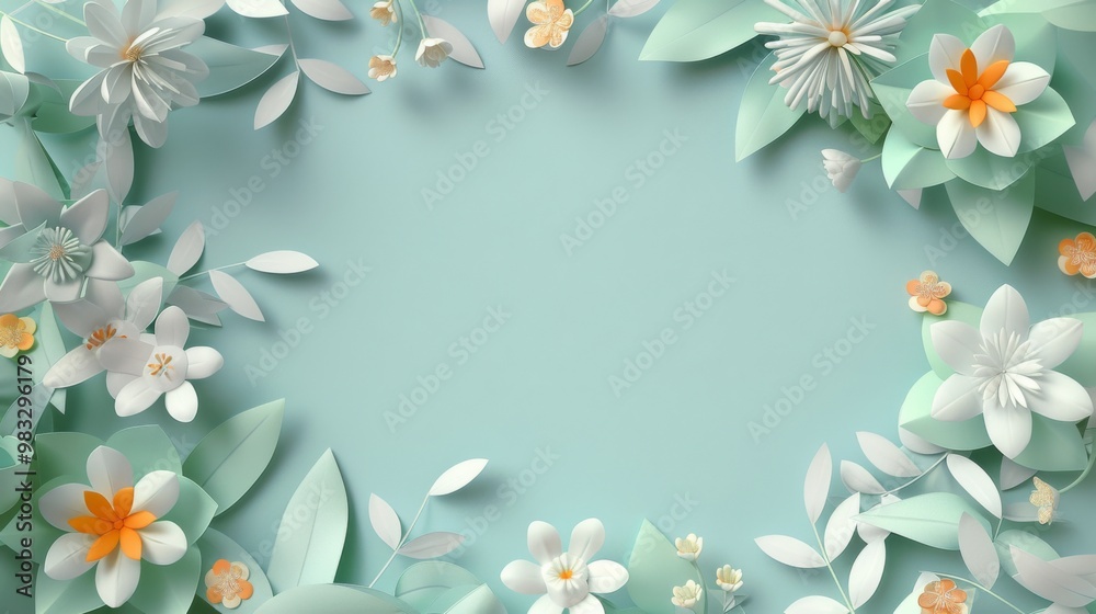 Floral frame background of Plain light blue paper structure background with blank copy space in the middle, on top of the background are smller and bigger daisy blossoms scatterd arround Floral frame background of Plain light blue paper structure background with blank copy space in the middle, on top of the background are smller and bigger daisy blossoms scatterd arround