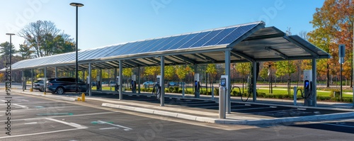 An environmentally friendly parking lot with canopies made from aluminum siding, equipped with solar panels to power nearby street lights and electric vehicle charging stations