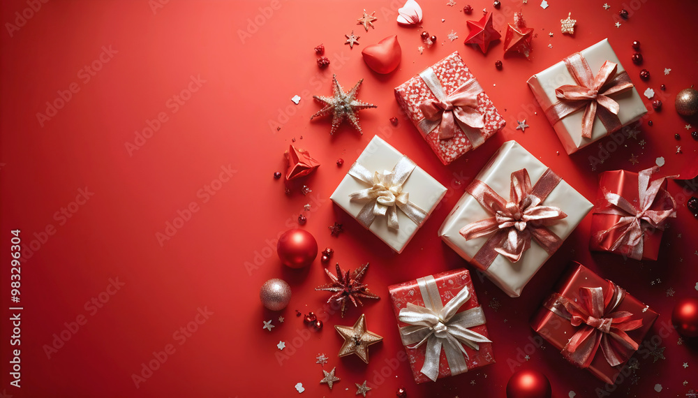 Merry Christmas red template with copy space area, festive background, Christmas gifts concept