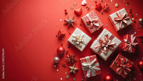 Merry Christmas red template with copy space area, festive background, Christmas gifts concept	