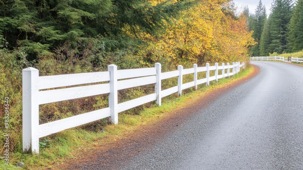 Vibrant autumn colors fill the landscape as trees stand behind a white wooden fence, enclosing a tranquil pasture for horses to roam freely, creating a picturesque setting Vibrant autumn colors fill the landscape as trees stand behind a white wooden fence, enclosing a tranquil pasture for horses to roam freely, creating a picturesque setting
