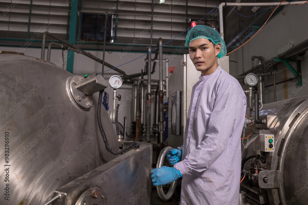 Worker Checking quality or checking stock of glass bottle in beverage factory. Worker QC working in a drink water factory Worker Checking quality or checking stock of glass bottle in beverage factory. Worker QC working in a drink water factory