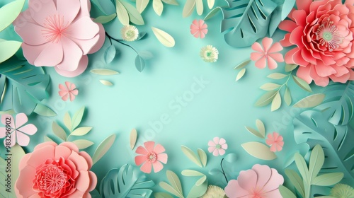 Floral frame background of Plain light blue paper structure background with blank copy space in the middle, on top of the background are smller and bigger daisy blossoms scatterd arround photo