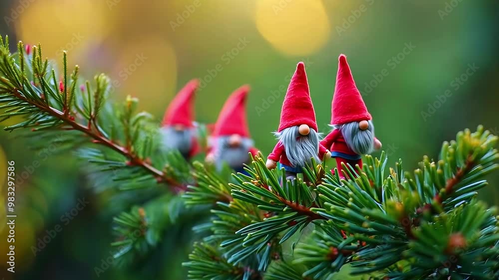 Festive scene with Funny gnomes are walking on a tree branch