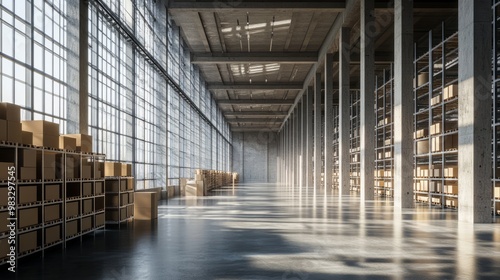 Spacious Warehouse Interior with Natural Light and Storage Shelves