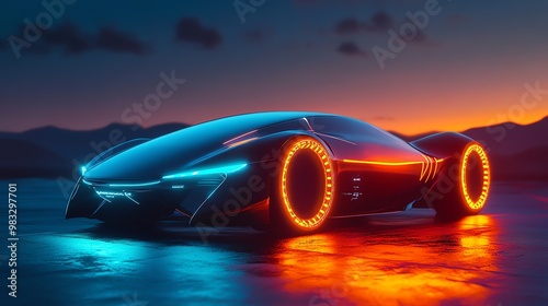 Futuristic sports car with glowing neon lights, futuristic concept.