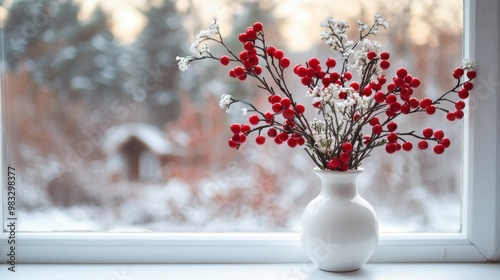 Festive Winter Decor with Snowy Pine Branches and Red Berries Image photo