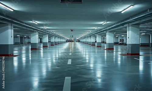 Empty Parking Garage with Fluorescent Lighting