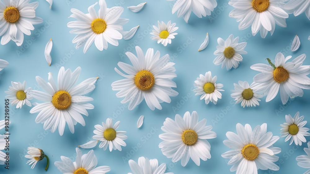 Floral frame background of Plain light blue paper structure background with blank copy space in the middle, on top of the background are smller and bigger daisy blossoms scatterd arround Floral frame background of Plain light blue paper structure background with blank copy space in the middle, on top of the background are smller and bigger daisy blossoms scatterd arround