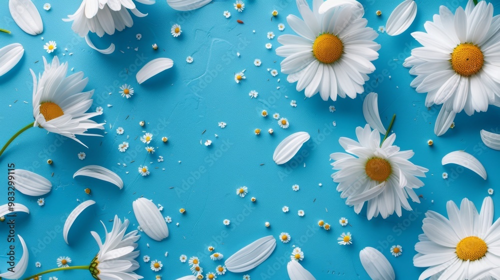 Floral frame background of Plain light blue paper structure background with blank copy space in the middle, on top of the background are smller and bigger daisy blossoms scatterd arround