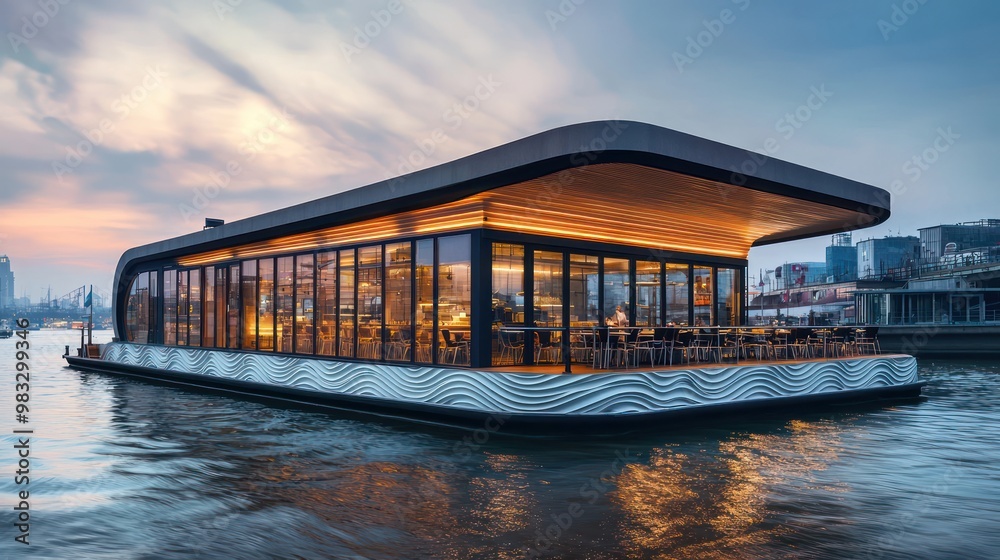 An innovative floating restaurant on a city river, clad in wave-patterned fiber cement siding to enhance its nautical theme and durability