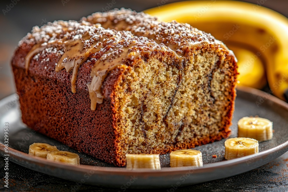 A Slice of Banana Bread with Caramel Glaze and Toppings A Slice of Banana Bread with Caramel Glaze and Toppings