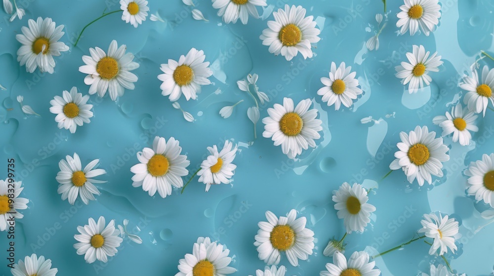 Floral frame background of Plain light blue paper structure background with blank copy space in the middle, on top of the background are smller and bigger daisy blossoms scatterd arround Floral frame background of Plain light blue paper structure background with blank copy space in the middle, on top of the background are smller and bigger daisy blossoms scatterd arround