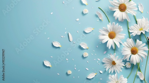 Floral frame background of Plain light blue paper structure background with blank copy space in the middle, on top of the background are smller and bigger daisy blossoms scatterd arround photo