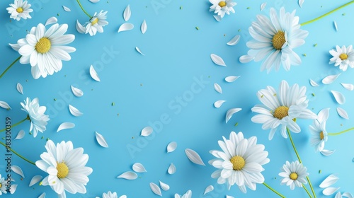 Floral frame background of Plain light blue paper structure background with blank copy space in the middle, on top of the background are smller and bigger daisy blossoms scatterd arround photo