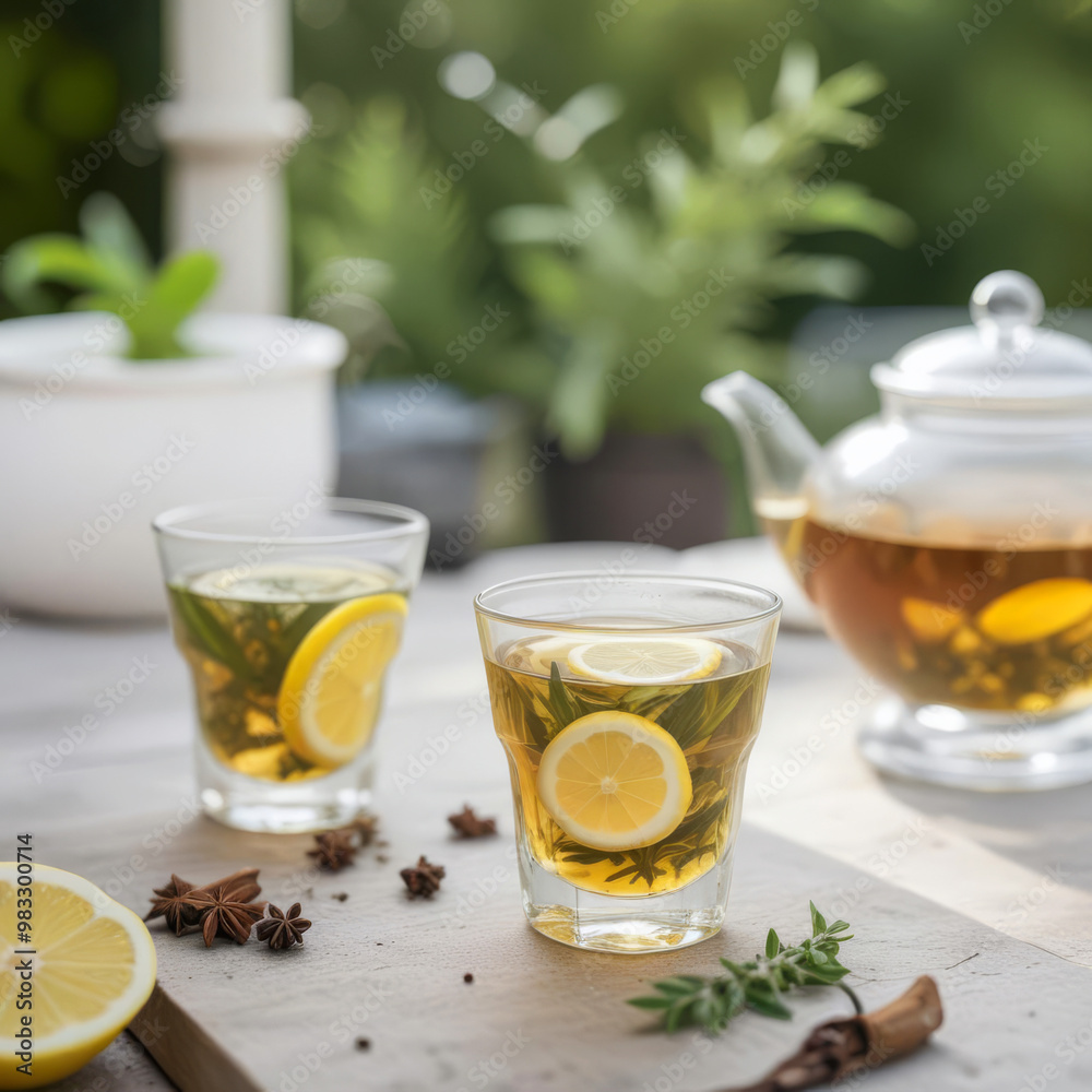 Several transparent mugs of tea with mint and lemon on table Several transparent mugs of tea with mint and lemon on table