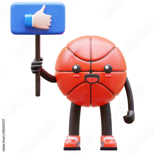 3D Basketball Character Holding Thumbs Up Like Board Symbolizing Approval And Agreement Suitable For Social Media Marketing And Feedback Concepts