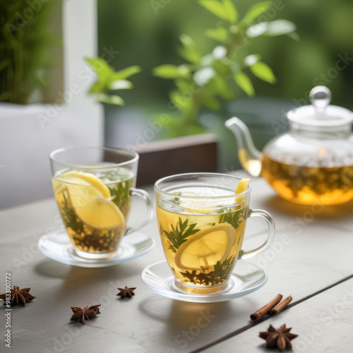 Several transparent mugs of tea with mint and lemon on table