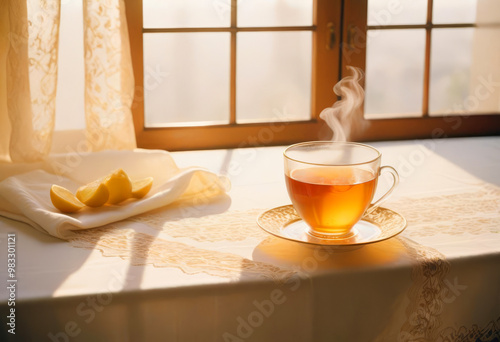 Mug of hot herbal tea with cinnamon on a light table photo