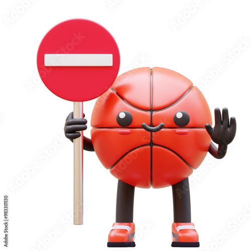 3D Basketball Character Holding Dont Enter Sign Suitable For Restricted Area And Safety Concepts