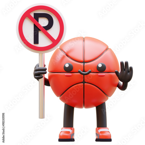 3D Basketball Character Holding No Parking Sign Suitable For Parking Rules And Traffic Awareness Concepts