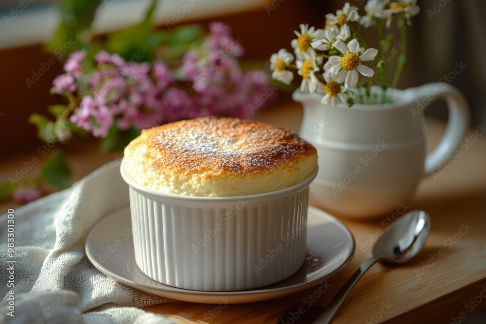 A Creamy Custard Dessert with Powdered Sugar, Served on a White Saucer with a Silver Spoon A Creamy Custard Dessert with Powdered Sugar, Served on a White Saucer with a Silver Spoon