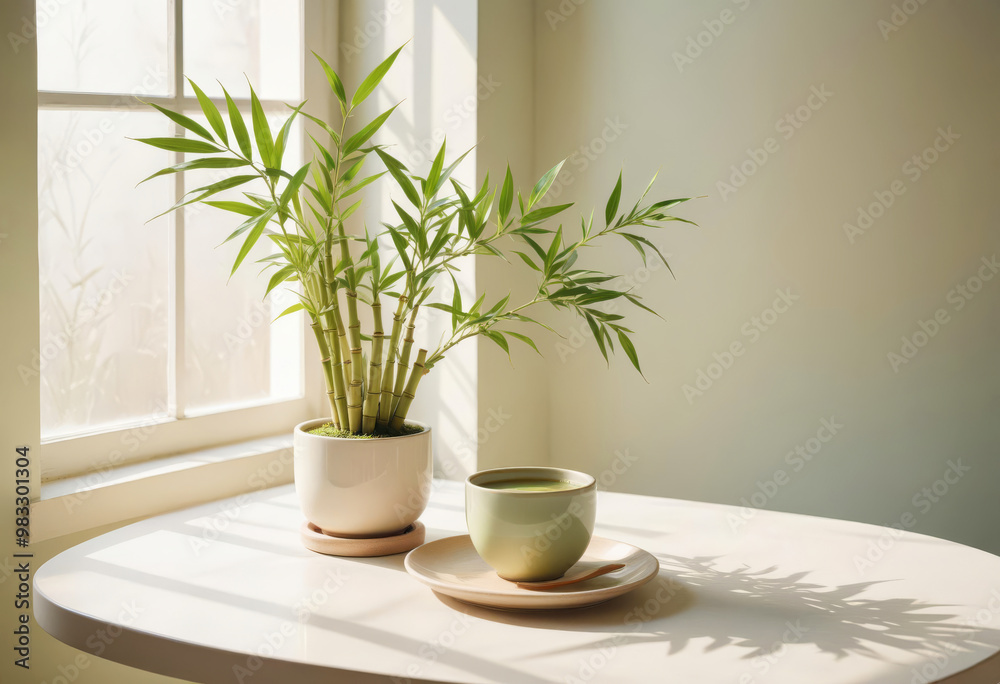 Tea mug on a light table next to a green house plant. Tea mug on a light table next to a green house plant.