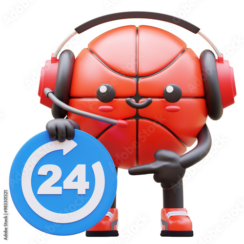 3D Basketball Character With Headset Holding 24 Hours Sign Suitable For Customer Support And Service Concepts