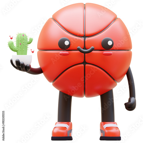3D Basketball Character Holding A Cactus Plant Suitable For Gardening And Nature Conservation Concepts