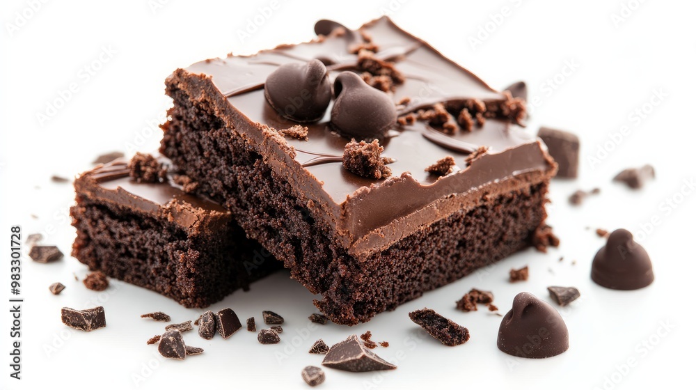 Brownie and chocolate dessert against a white backdrop.
Brownie and chocolate dessert against a white backdrop.