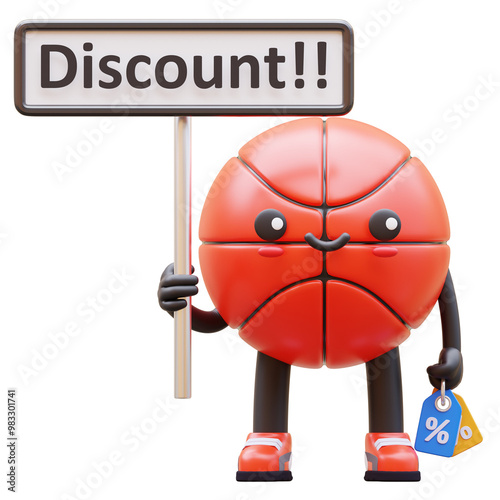 3D Basketball Character Holding Discount Sign And Tag Suitable For Sales Promotions And Marketing Campaigns