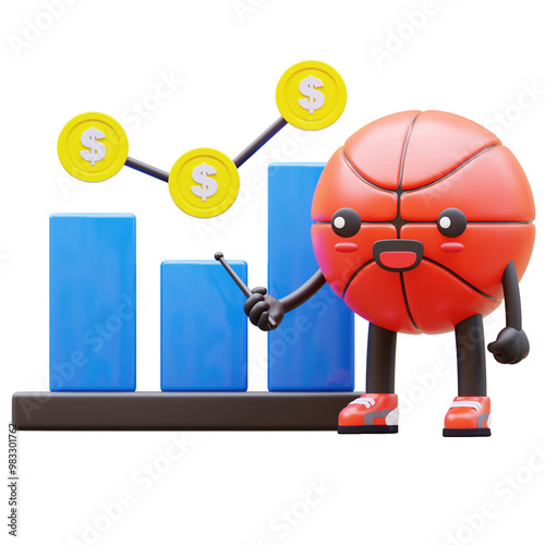 3D Basketball Character Pointing At Bar Chart Suitable For Business And Data Analysis Concepts