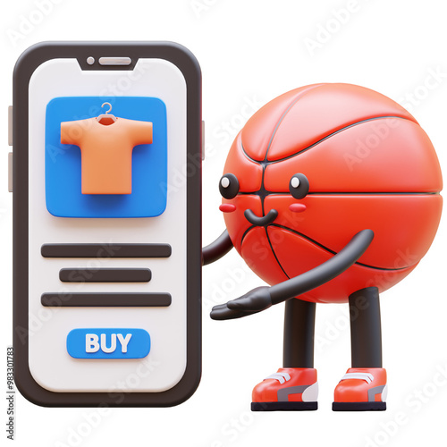 3D Basketball Character Showing Mobile Shopping App Suitable For E Commerce And Online Shopping Concepts