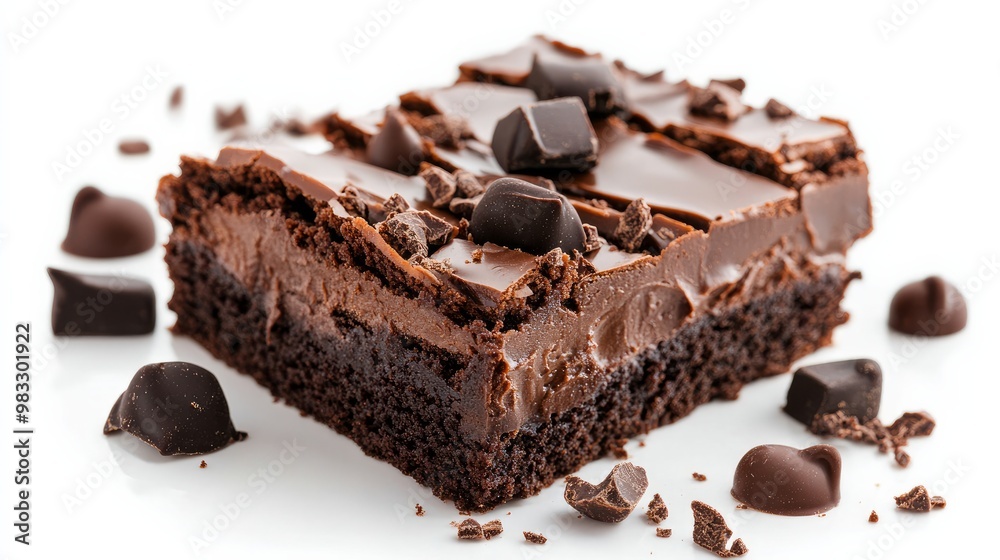 Brownie and chocolate dessert against a white backdrop.
Brownie and chocolate dessert against a white backdrop.