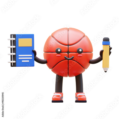 3D Basketball Character Holding Textbook And Pencil Suitable For Education And Learning Concepts