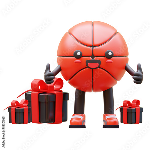 3D Basketball Character With Gift Boxes Suitable For Celebration And Holiday Concepts