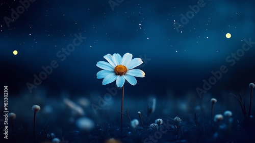A simple white flower against a blue starry sky, a night flower