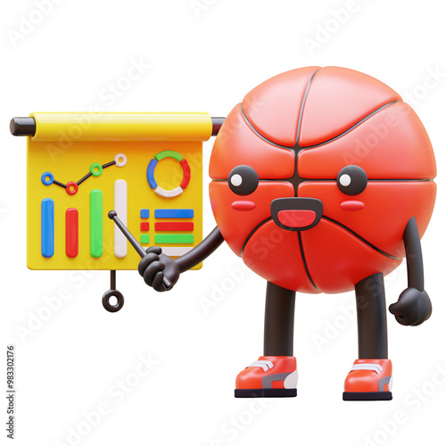 3D Basketball Character Doing Presentation With Bar Chart Showing Growth Suitable For Business And Finance Concepts