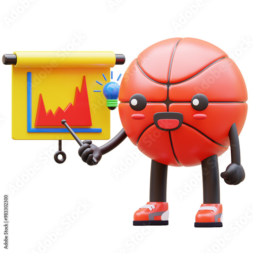 3D Basketball Character Pointing At Red Chart With Light Bulb Suitable For Creative And Business Concepts