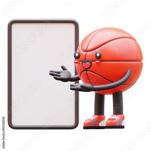 3D Basketball Character Holding Blank Advertisement Board With Happy Expression Suitable For Advertising And Marketing Materials