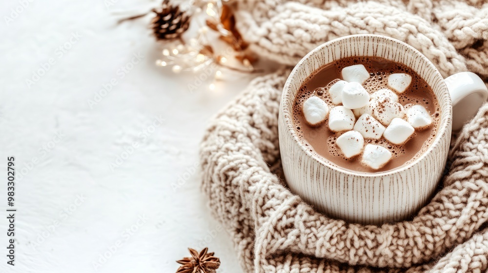 Warm, comfy sweater, mug of hot chocolate with marshmallows, and homey décor. A cozy, autumnal feeling. Top view, flat lay. Warm, comfy sweater, mug of hot chocolate with marshmallows, and homey décor. A cozy, autumnal feeling. Top view, flat lay.